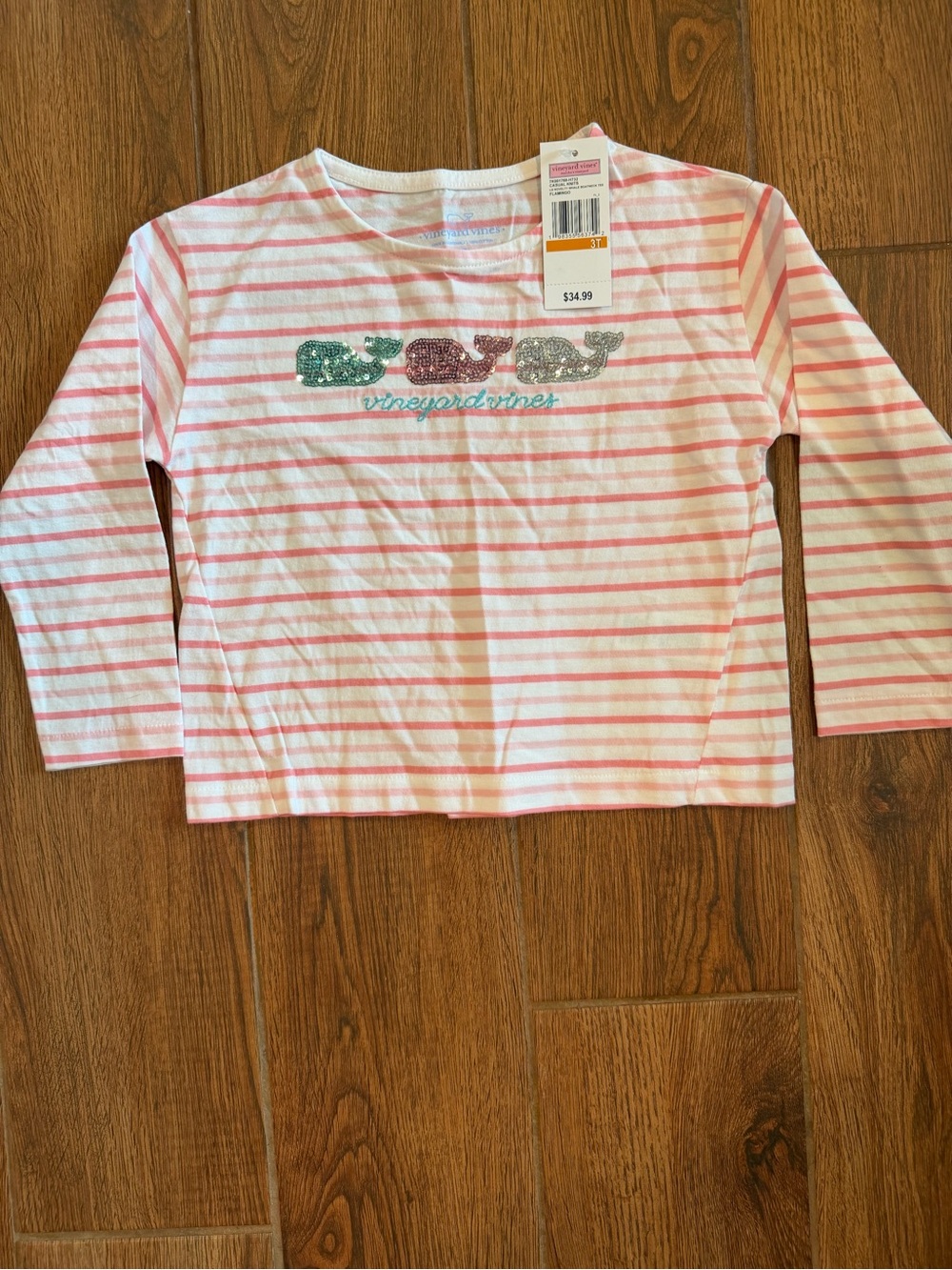 Vineyard Vines Pink & White Striped Long-Sleeve Top Sequin Whales / girls 3T new